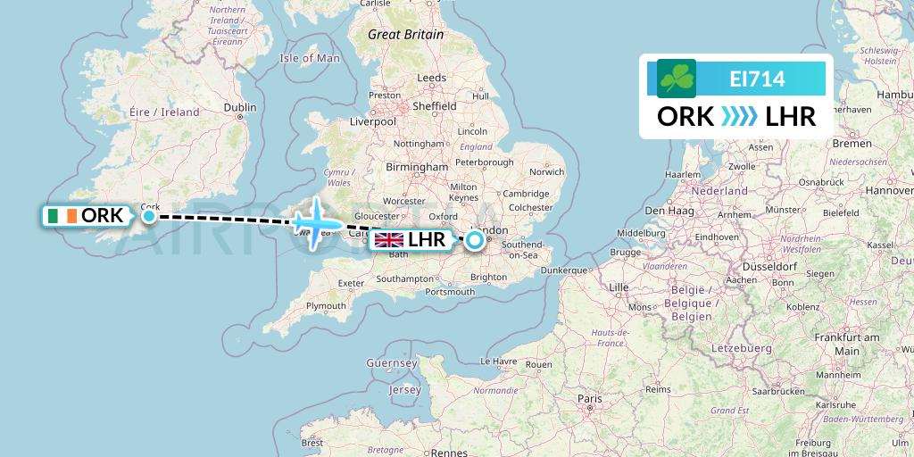 EI714 Aer Lingus Flight Map: Cork to London