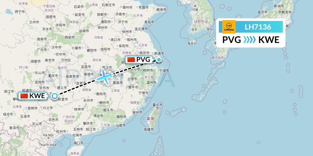 LH7136 Lufthansa Flight Map: Shanghai to Guiyang
