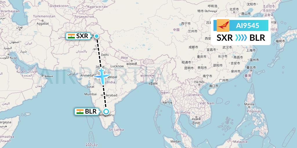 AI9545 Air India Flight Map: Srinagar to Bangalore