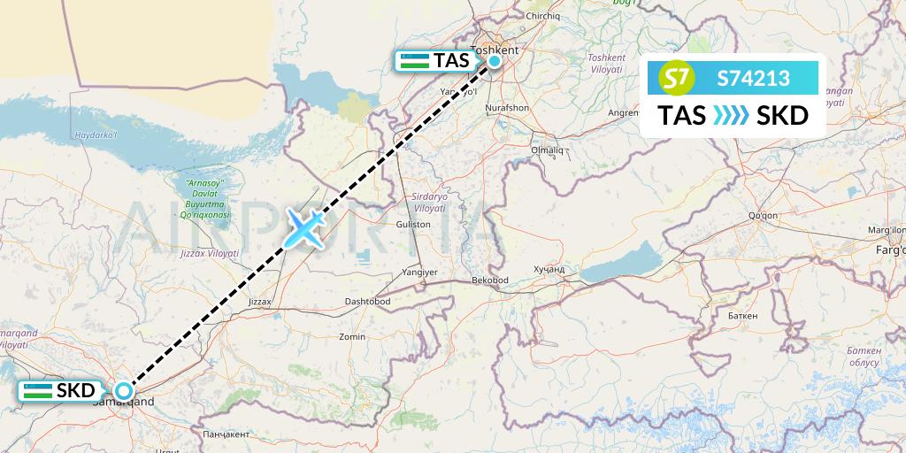 S74213 S7 Airlines Flight Map: Tashkent to Samarkand