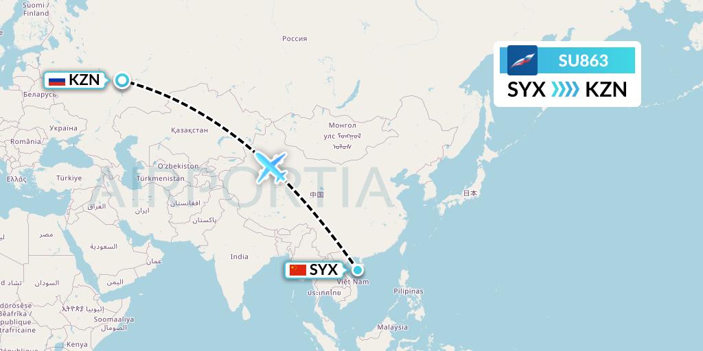 SU863 Aeroflot Flight Map: Sanya to Kazan