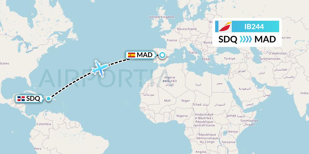 IB244 Iberia Flight Map: Santo Domingo to Madrid