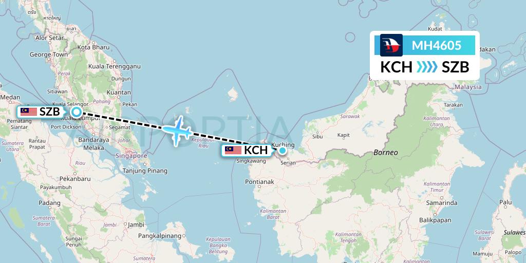 MH4605 Malaysia Airlines Flight Map: Kuching to Kuala Lumpur