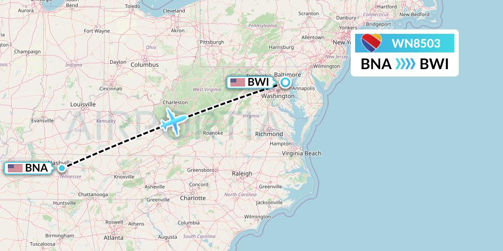 WN8503 Southwest Airlines Flight Map: Nashville to Baltimore