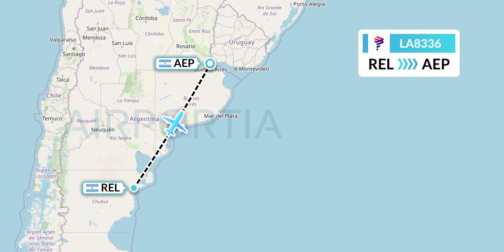 LA8336 LAN Airlines Flight Map: Trelew to Buenos Aires