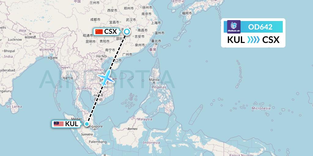 OD642 Batik Air Malaysia Flight Map: Kuala Lumpur to Changsha