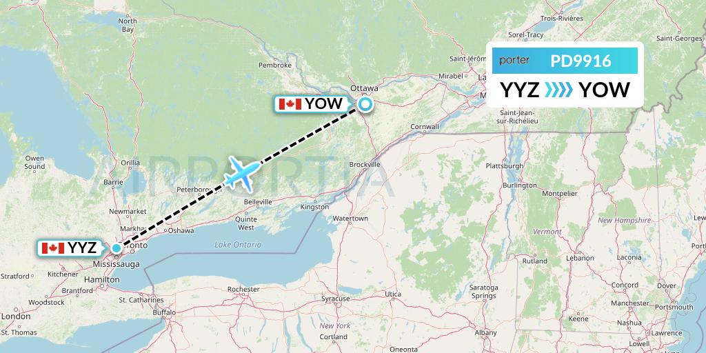 PD9916 Porter Airlines Flight Map: Toronto to Ottawa