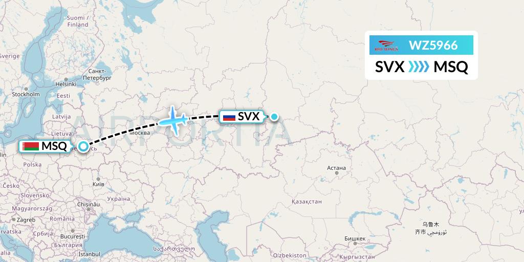 WZ5966 Red Wings Flight Map: Yekaterinburg to Minsk