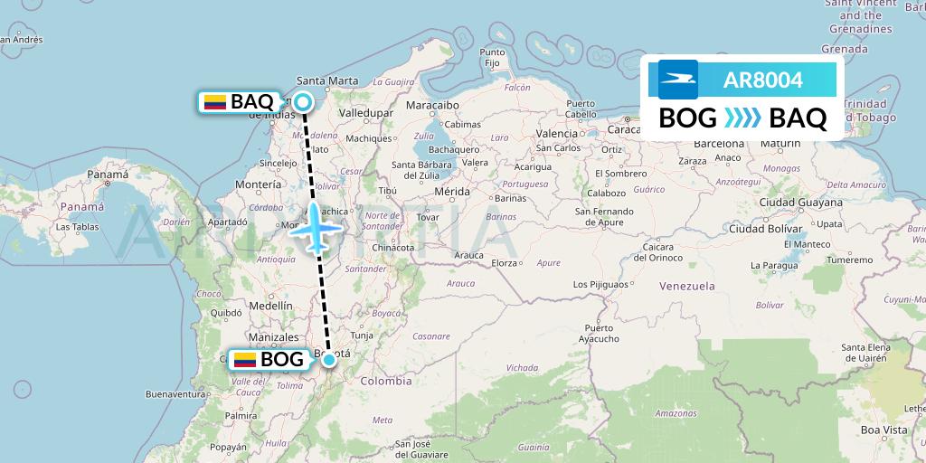 AR8004 Aerolineas Argentinas Flight Map: Bogota to Barranquilla