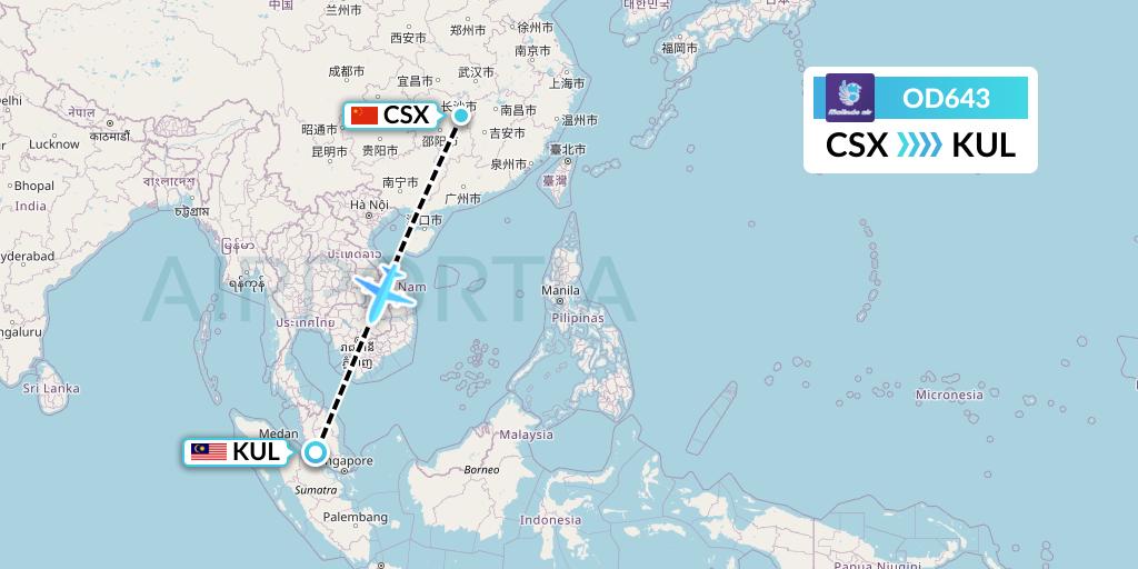 OD643 Batik Air Malaysia Flight Map: Changsha to Kuala Lumpur