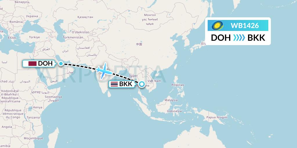 WB1426 RwandAir Flight Map: Doha to Bangkok