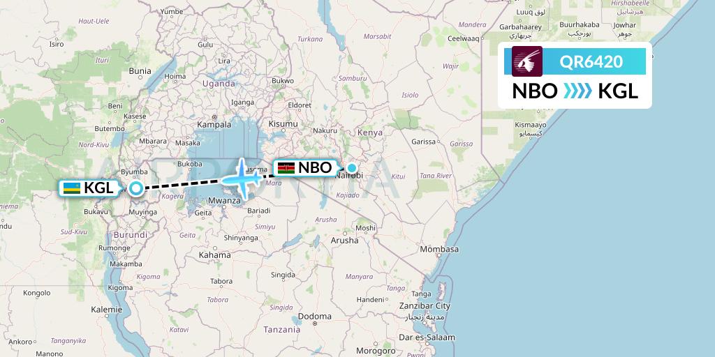 QR6420 Qatar Airways Flight Map: Nairobi to Kigali