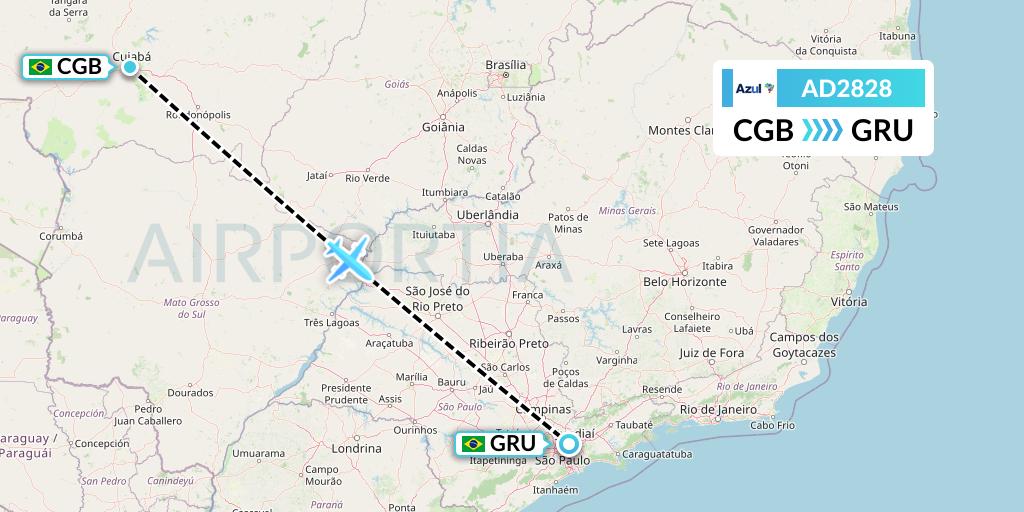 AD2828 Azul Brazilian Airlines Flight Map: Cuiaba to Sao Paulo