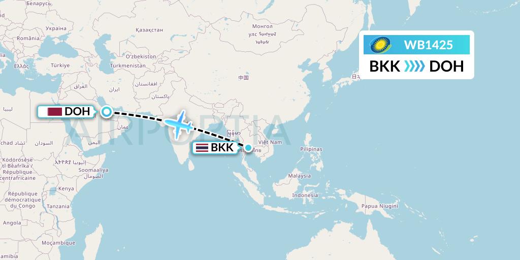WB1425 RwandAir Flight Map: Bangkok to Doha