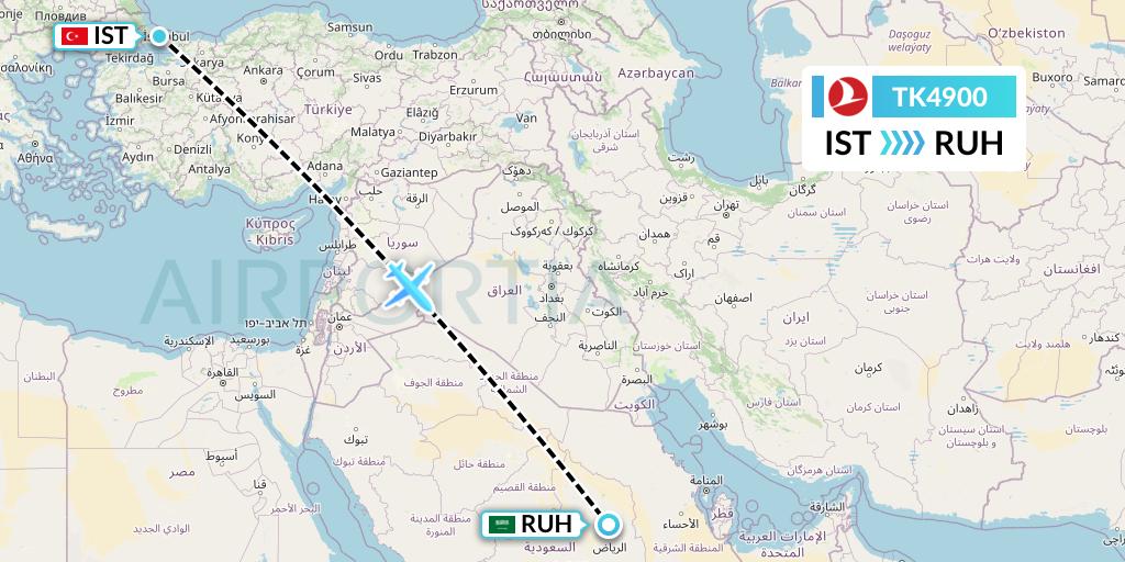 TK4900 Turkish Airlines Flight Map: Istanbul to Riyadh