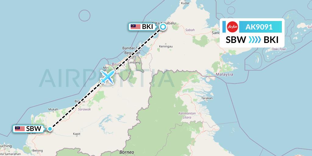 AK9091 AirAsia Flight Map: Sibu to Kota Kinabalu