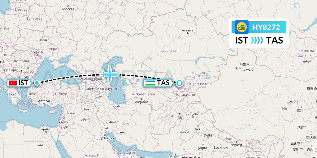 HY8272 Uzbekistan Airways Flight Map: Istanbul to Tashkent