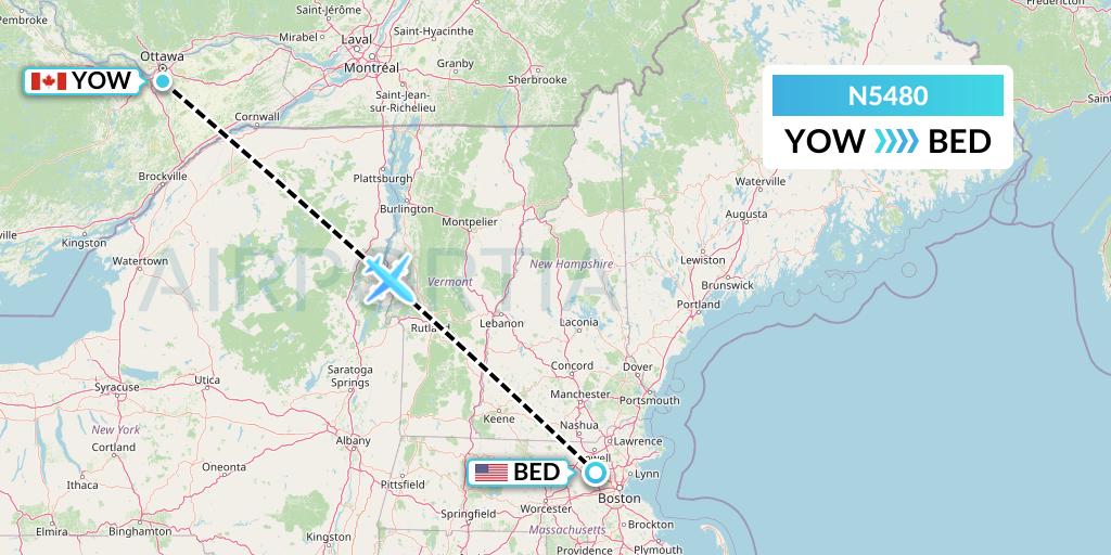 N5480 Nolinor Aviation Flight Map: Ottawa to Bedford