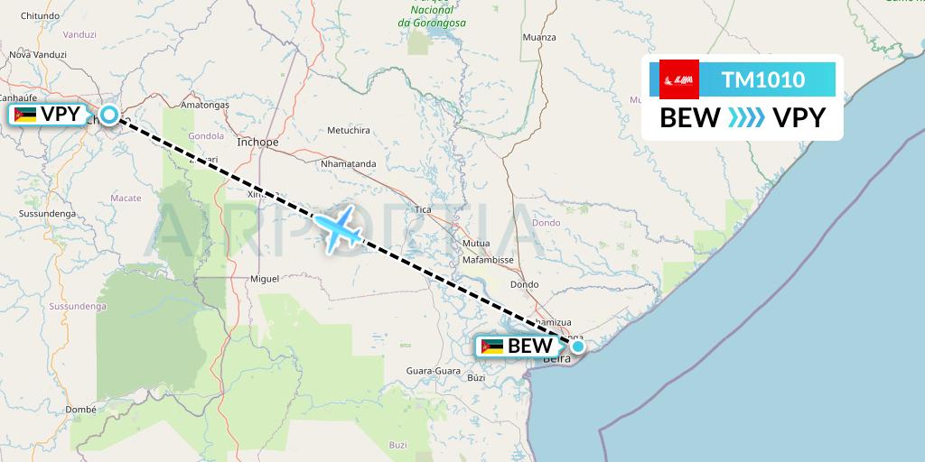 TM1010 LAM Mozambique Airlines Flight Map: Beira to Chimoio