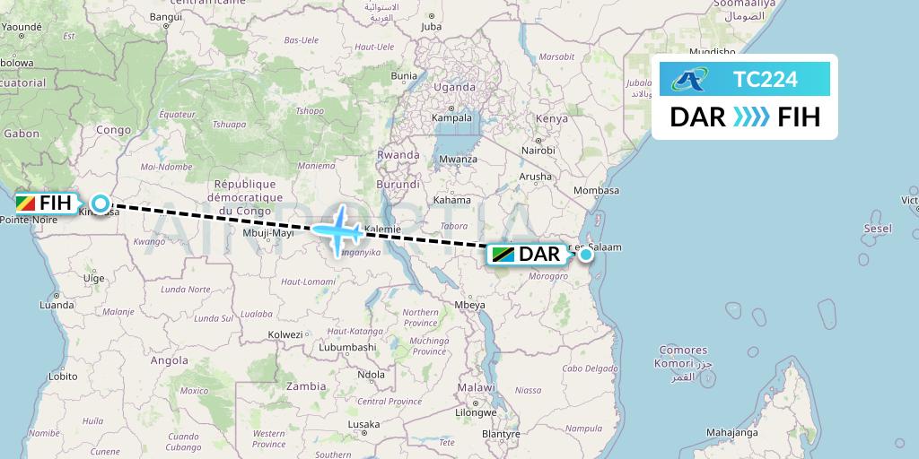 TC224 Air Tanzania Flight Map: Dar-es-Salaam to Kinshasa