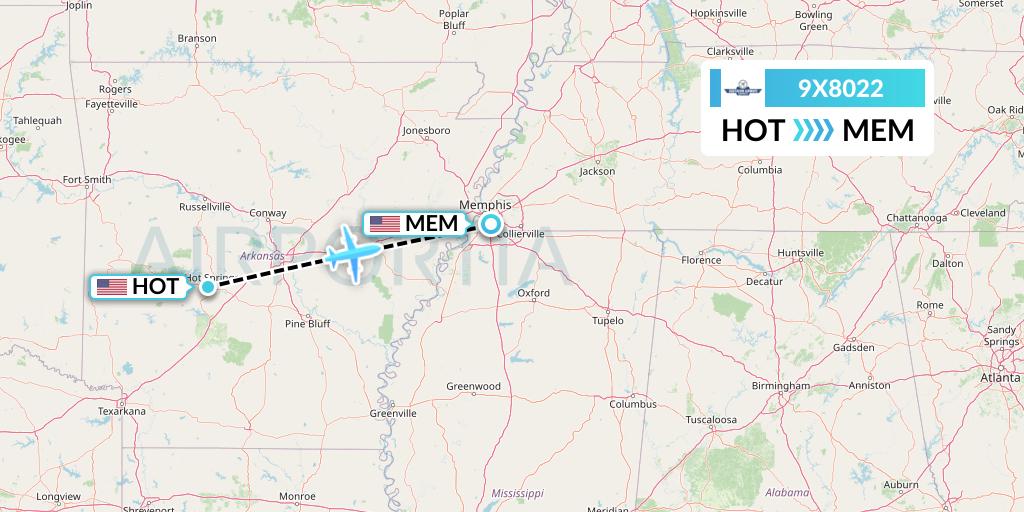 9X8022 Southern Airways Express Flight Map: Hot Springs to Memphis