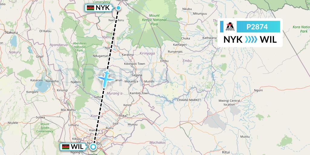 P2874 Airkenya Express Flight Map: Nanyuki to Nairobi