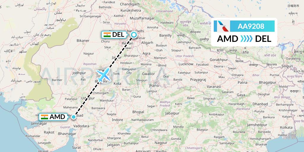 AA9208 American Airlines Flight Map: Ahmedabad to Delhi