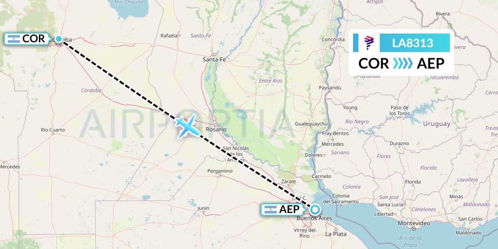 LA8313 LAN Airlines Flight Map: Cordoba to Buenos Aires