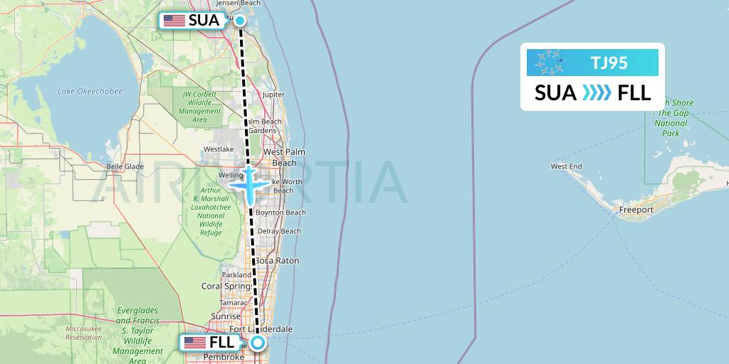 TJ95 Tradewind Aviation Flight Map: Stuart to Fort Lauderdale