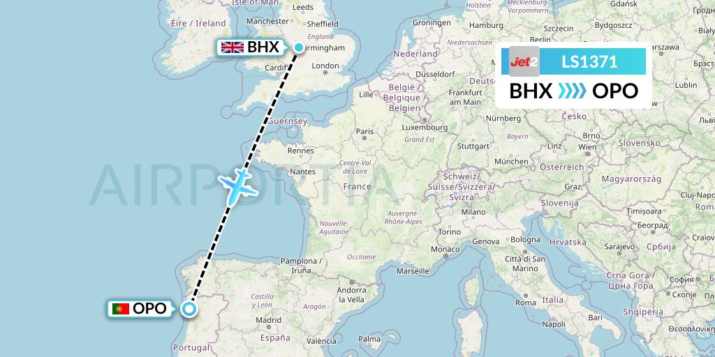 LS1371 Jet2 Flight Map: Birmingham to Porto