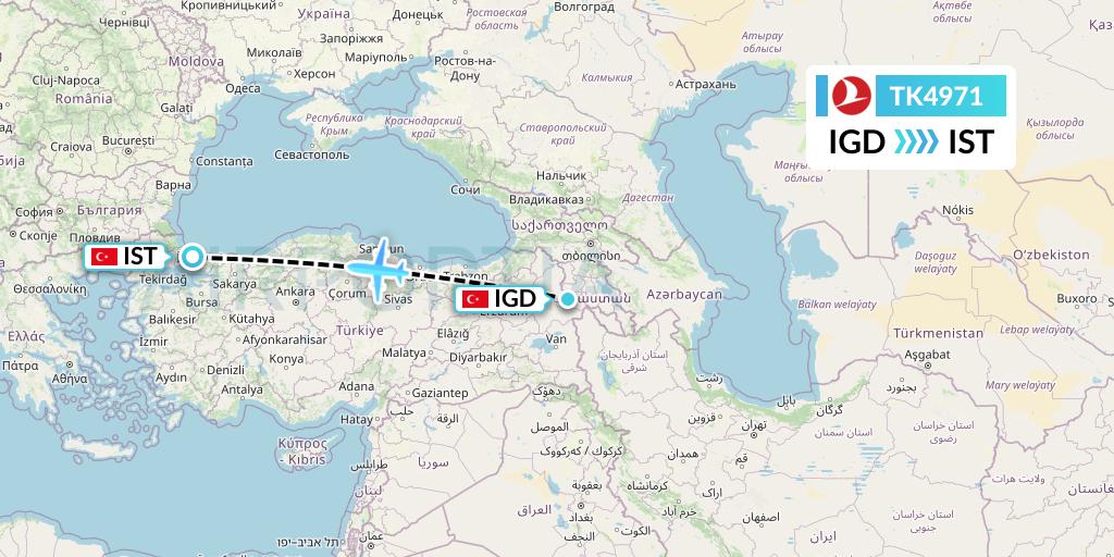 TK4971 Turkish Airlines Flight Map: Igdir to Istanbul