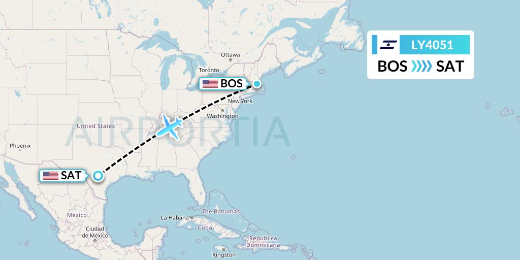 LY4051 El Al Flight Map: Boston to San Antonio