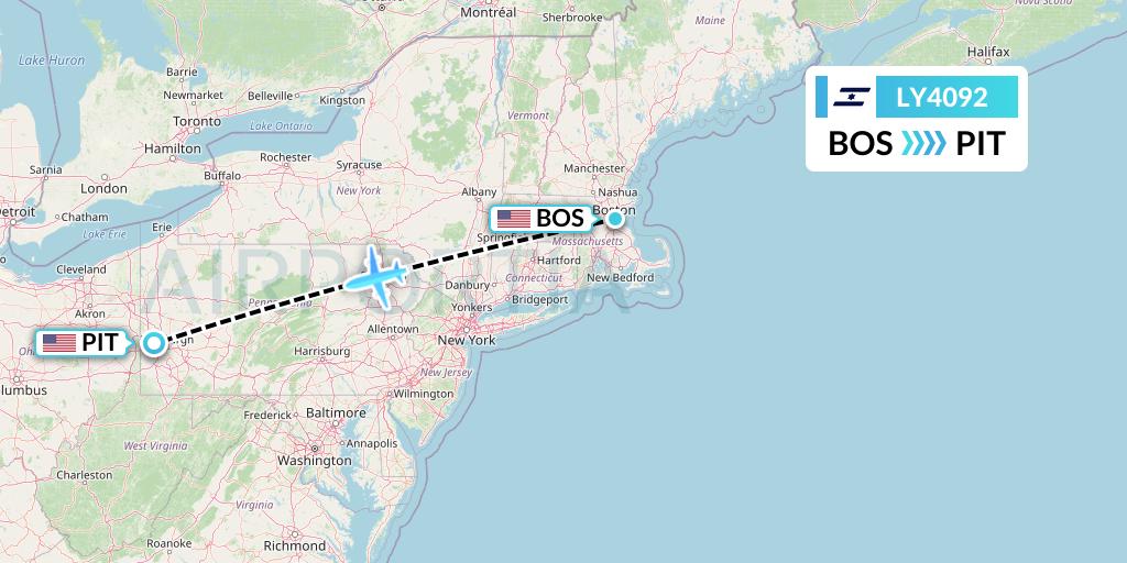 LY4092 El Al Flight Map: Boston to Pittsburgh