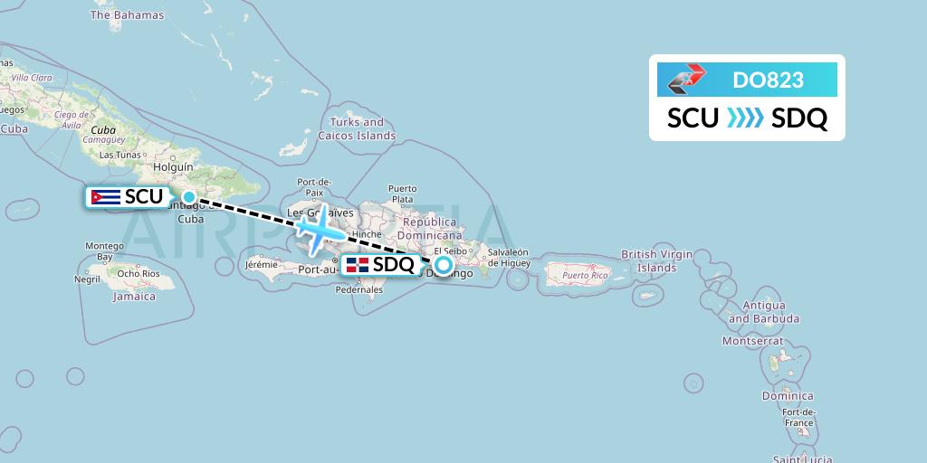 DO823 Sky High Aviation Flight Map: Santiago de Cuba to Santo Domingo