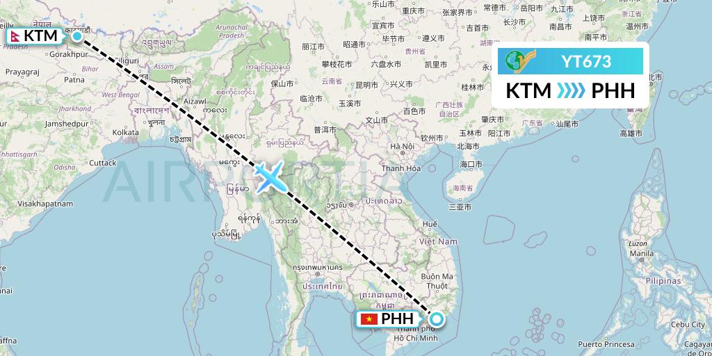 YT673 Yeti Airlines Flight Map: Kathmandu to Phan Thiet