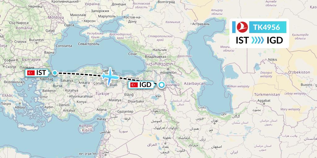 TK4956 Turkish Airlines Flight Map: Istanbul to Igdir