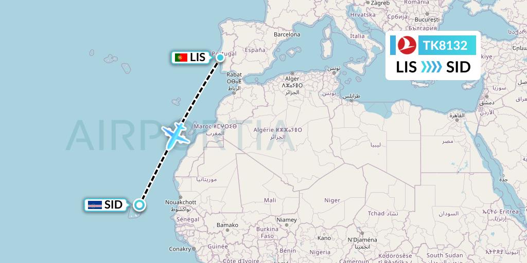 TK8132 Turkish Airlines Flight Map: Lisbon to Espargos