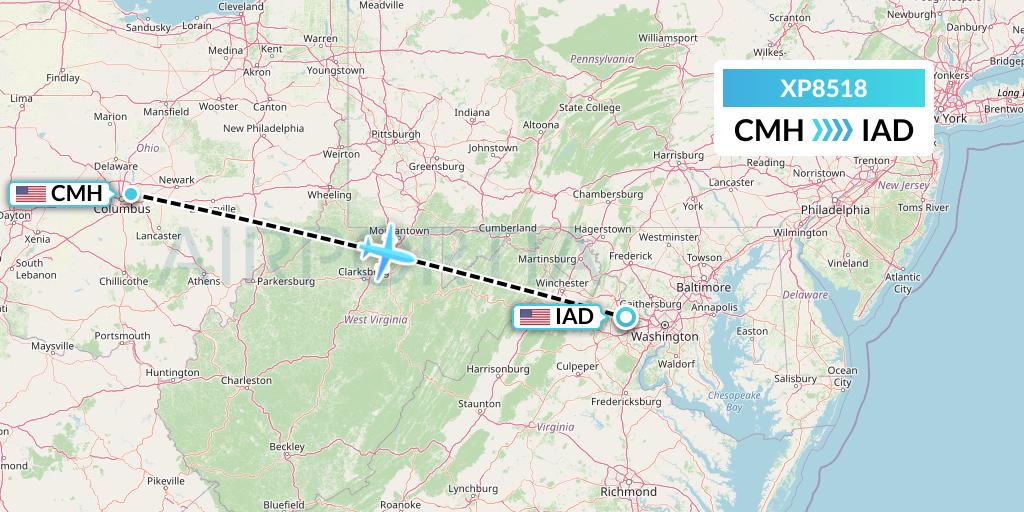 XP8518 Avelo Airlines Flight Map: Columbus to Washington