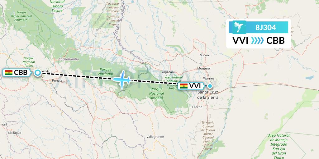 8J304 EcoJet Flight Map: Santa Cruz to Cochabamba