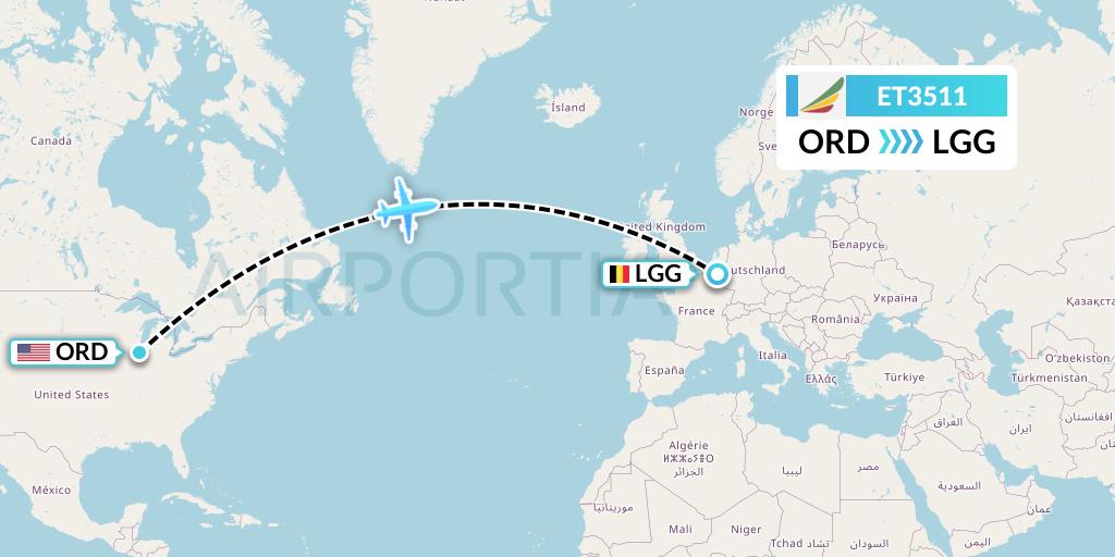 ET3511 Ethiopian Airlines Flight Map: Chicago to Liege