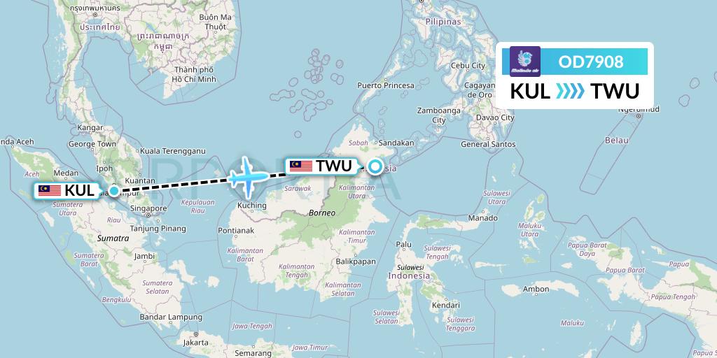 OD7908 Batik Air Malaysia Flight Map: Kuala Lumpur to Tawau