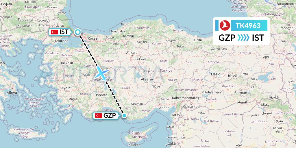 TK4963 Turkish Airlines Flight Map: Gazipasa to Istanbul