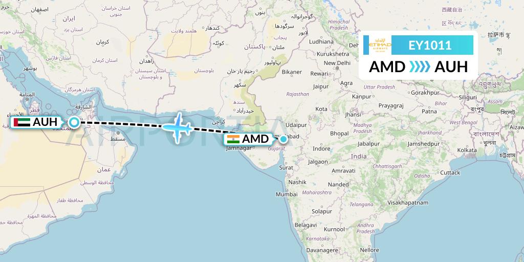 EY1011 Etihad Airways Flight Map: Ahmedabad to Abu Dhabi