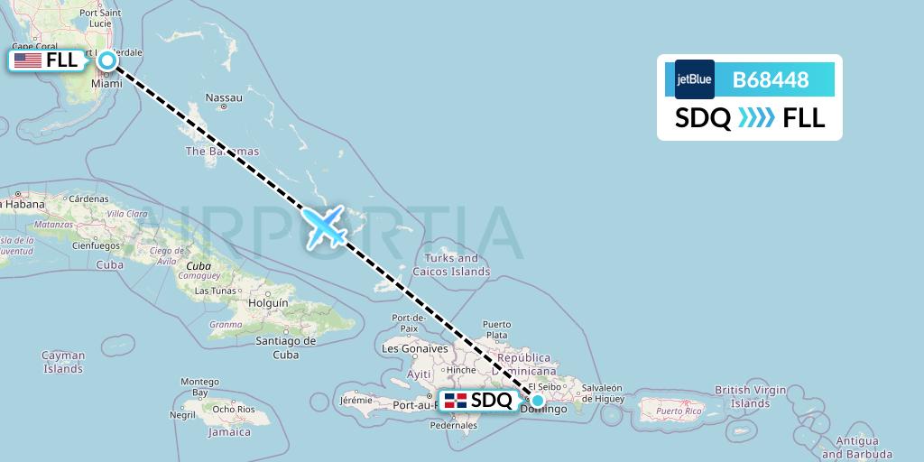 B68448 JetBlue Airways Flight Map: Santo Domingo to Fort Lauderdale