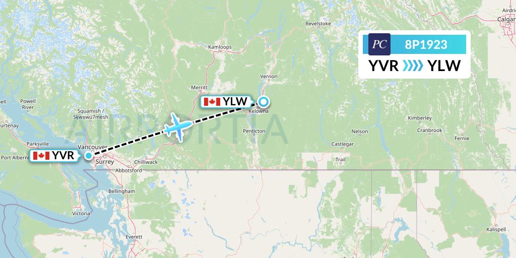 8P1923 Pacific Coastal Airlines Flight Map: Vancouver to Kelowna