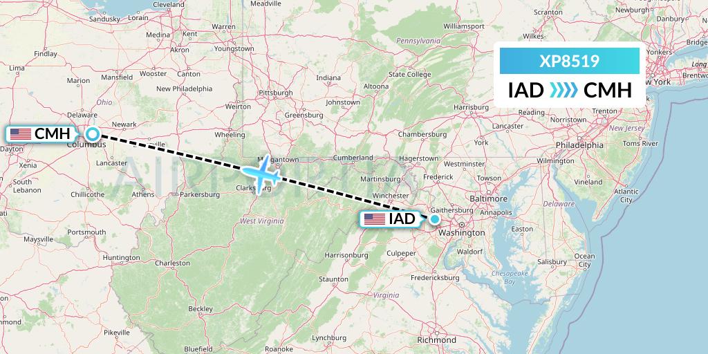 XP8519 Avelo Airlines Flight Map: Washington to Columbus