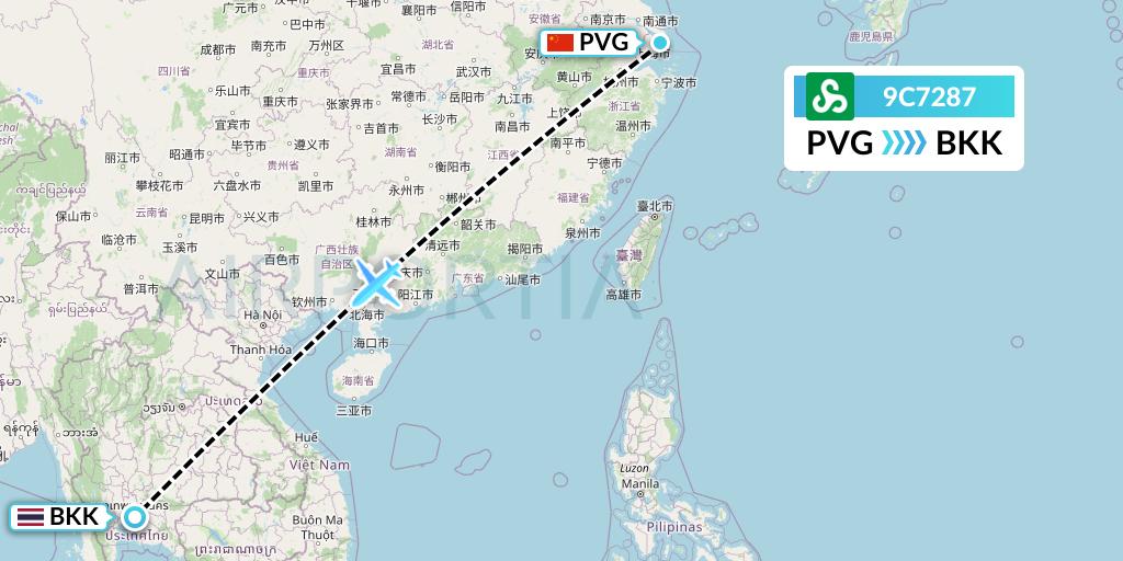 9C7287 Spring Airlines Flight Map: Shanghai to Bangkok
