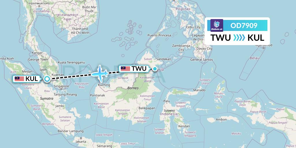 OD7909 Batik Air Malaysia Flight Map: Tawau to Kuala Lumpur
