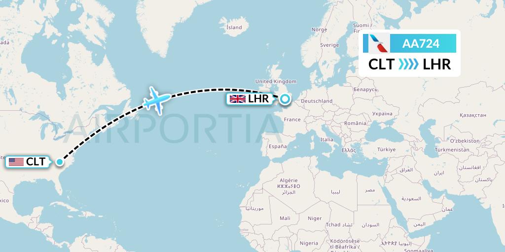 AA724 American Airlines Flight Map: Charlotte to London