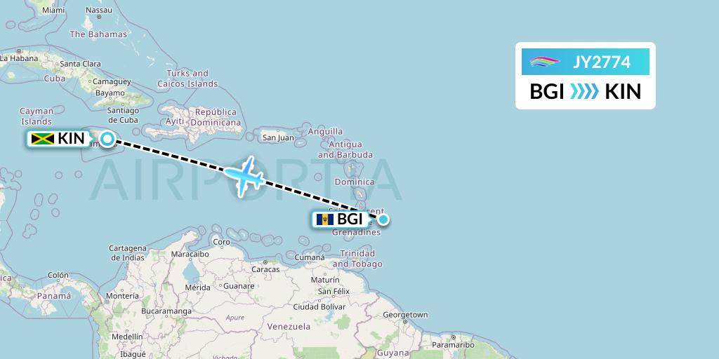 JY2774 InterCaribbean Airways Flight Map: Bridgetown to Kingston